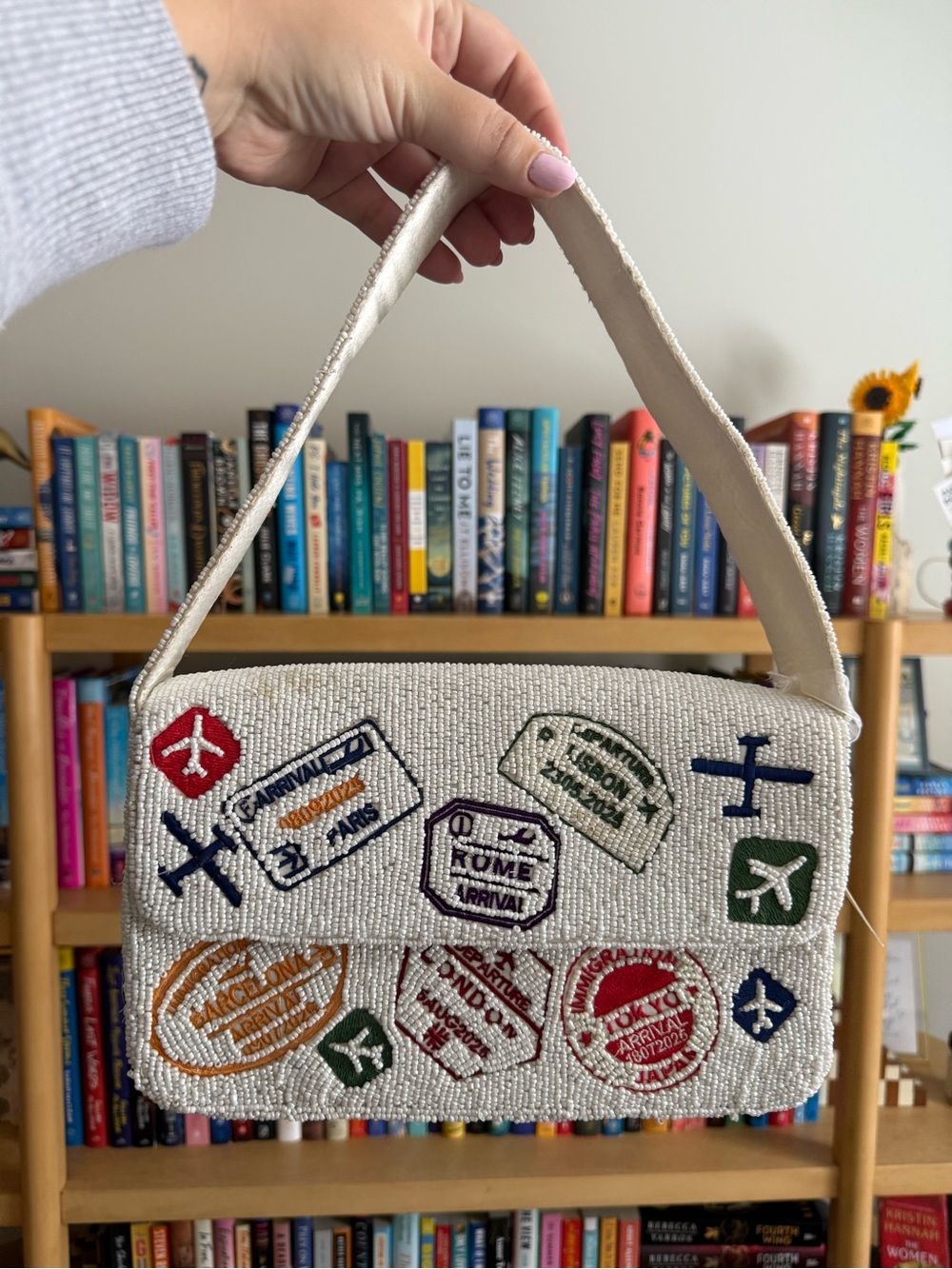 Hand Beaded Travel Passport Shoulder Bag Purse – Ivory – NWT